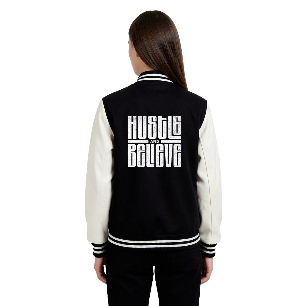 Black & White Varsity Jacket – Hustle & Believe Edition