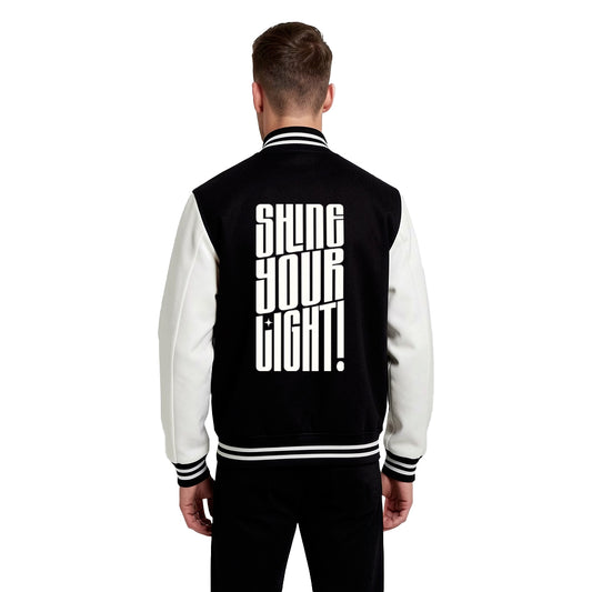 Minimal Black & White Varsity Jacket – Shine Your Light Edition